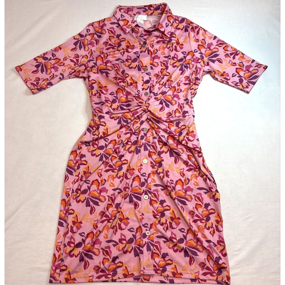 Stella Parker Womens Medium Pink Floral Shirt Dress Twist Front Button Up